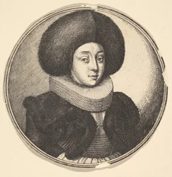 Mulher com grande chapéu de pele circular e babados de renda, 1645.
