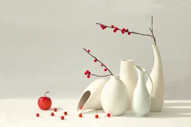 Frutos vermelhos em vasos brancos