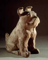 Arte chinesa: terracotta molosse. Estatueta funerária do período Han (206 BC-220 AD). Paris, Museu Cernuschi