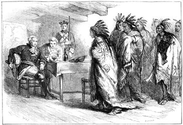 Visita de Pontiac e dos índios ao Major Gladwin, 1763 c1880.