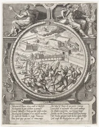 As tropas de Bourse expulsam os soldados alemães de Treslong e Merville da cidadela, 1577
Medalhões que representam a captura da cidadela de Antuérpia em 1577 (título da série)