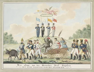 Desenho animado sobre o banimento de Napoleão para Elba, 1814
Den aftogt van den Menschen Beul Napoleon met zijn Monsters naar het Helsche Rijk (título sobre o objecto)