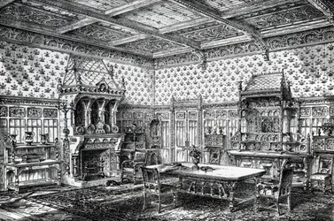 Design para uma sala de jantar gótica, publicado em The House-Furnisher & Decorator, 1 de setembro de 1872