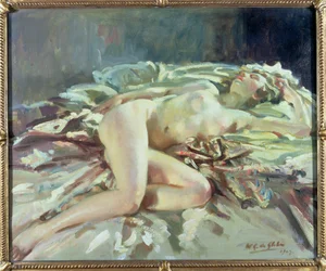 Nu feminino reclinado numa cama