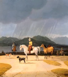 "Cavaliers sur le lac Tegern Allemagne" (Cavaleiros no Tegernsee) Peinture de Wilhelm Ritter von Kobell (1766-1853) 1832 Óleo sobre madeira Dim 282x263 cm Staatliche Museen, Berlim