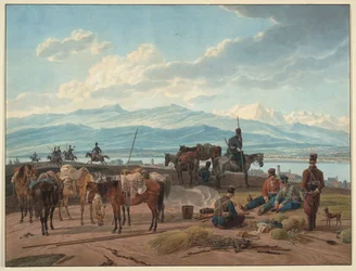 Halt of Russian Cossacks - Kobell, Wilhelm, Ritter von (1766-1853) - 1804 - Aquarela sobre papel - 36,8x48,2 - Coleção Privada