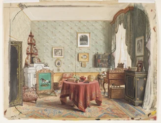 Uma sala de estar com escrivaninha