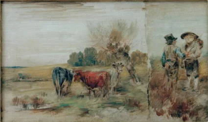 Doppelbild: Vacas no pasto, dois fazendeiros conversando