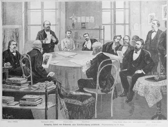 O príncipe herdeiro Rudolf numa reunião editorial (xilogravura)