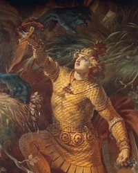 Sigurd mata o dragão Fafnir com a espada Gram, pormenor, da Saga de Sigurd, Salão Inferior, c. 1882-83 (mural)
