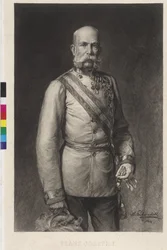Francisco José I em uniforme de gala de marechal-de-campo, o chapéu de gala em forma de raquete