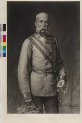 Francisco José I em uniforme de gala de marechal-de-campo, o chapéu de gala em forma de raquete