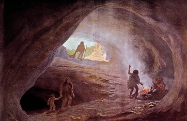 Pré-história: cavernas durante o período glaciar. De uma pintura de W. Kranz, século XX.
