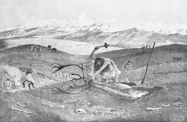 Pré-história: caça às renas numa paisagem moraínica da Suábia mais alta que o último período glacial; pintada por W. Kranz a partir de um esboço do Professor Klaatsh.