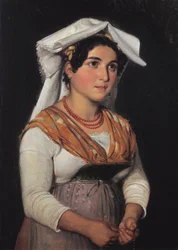 Uma jovem italiana de pé, segurando um rosário