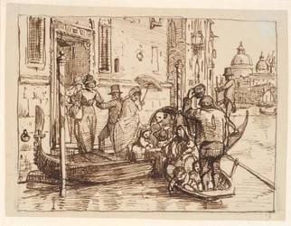 Saindo de uma gôndola no Canal Grande em Veneza. Ao fundo Santa Marie delle Salute