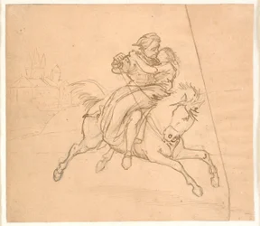 O rapto. Casal de equitação, ao fundo castelo ou castelo
