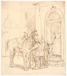 Dom Quixote e Sancho Pança fora da taberna