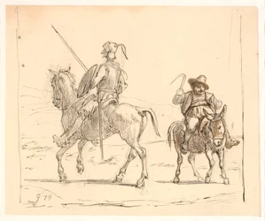 Dom Quixote cavalga à esquerda, Sancho Pança à direita