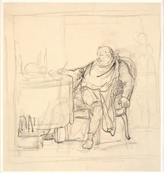 Um homem gordo na mesa de jantar