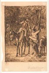 Antes da luta com o Cavaleiro dos Espelhos, Dom Quixote ajuda Sancho Pança a subir em uma árvore
