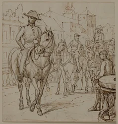 Carruagem puxada por quatro cavalos com um senhor corpulento de chapéu