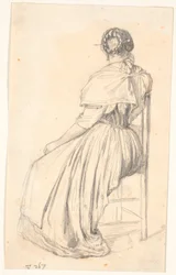 Mulher italiana sentada em uma cadeira, vista por trás