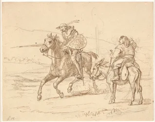 Enquanto Sancho observa, Dom Quixote ataca