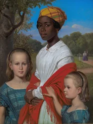 Retrato das duas filhas de Otto Marstrand e sua babá das Índias Ocidentais, Justina Antoine, nos Jardins Frederiksberg, perto de Copenhague