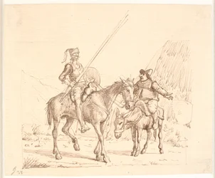 Sancho no burro explica algo a Dom Quixote