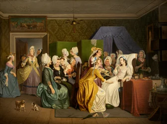 Cena do "Quarto da Maternidade" de Ludvig Holberg (óleo sobre tela)