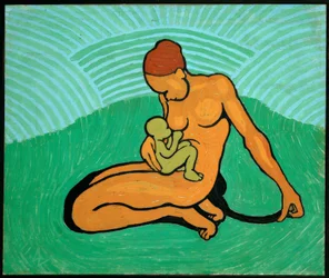 Mãe e filho sobre um fundo verde