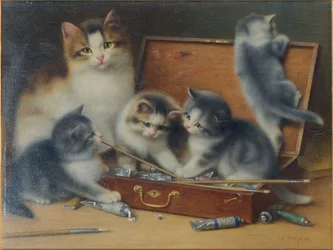 Uma gata e os seus gatinhos a brincar numa caixa de tintas