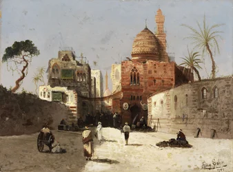 Português: Cena de rua oriental com mesquita, minarete e comerciantes em um pátio.