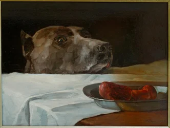 Dogue alemão com tigela de salsicha