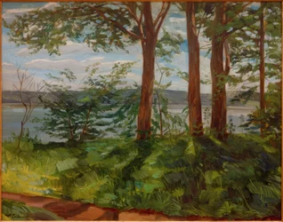 Paisagem no Lago Starnberg com três árvores