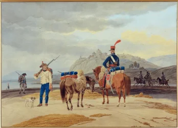 Soldados franceses na frente de uma fortaleza