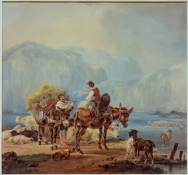 Pastores em um lago de montanha
