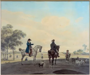 Dois cavaleiros na frente de uma paisagem