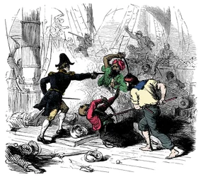 Combate aos piratas argelinos Gravura de "Sir Henry Morgan, Buccaneer