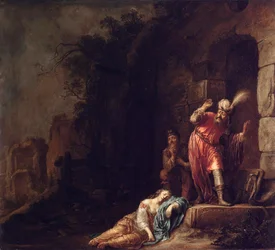 "O Levita de Efraim" O Levita descobre o corpo sem vida da sua amada violada por bandidos (Morte da Concubina do Levita) Pintura por Willem Bartsius (Bartius)(1612-1657)