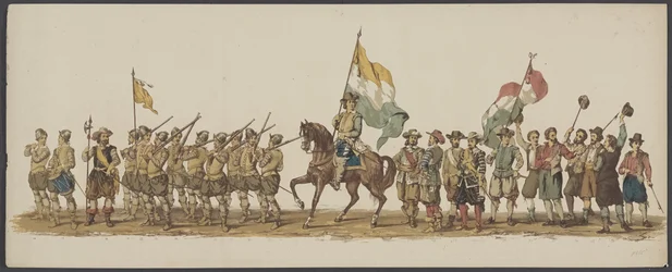 Desfile de Delft de 1862, primeiro e segundo grupo Quarto Lustrum da Royal Academy em Delft - Ao. 1862 - Costumed Optogt (título da série no objeto)