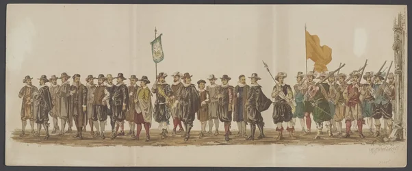 Desfile de Delft de 1862, sétimo e oitavo grupo Quarto Lustrum da Royal Academy em Delft - Ao. 1862 - Costumed Optogt (título da série no objeto)