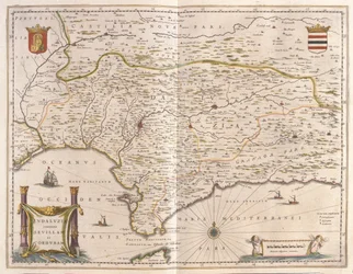 Andaluzia e cidade de Sevilha, Estreito de Gibraltar, em "Theatrum Orbis Terrarum, sive Atlas Novus" de Willem Blaeu, Amesterdão