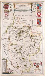Condado de Bedford, em "Theatrum Orbis Terrarum, sive Atlas Novus" de Willem Blaeu, Amesterdão