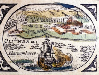 Brasil, vista de Pernambuc (Recife), Atlas de W. G. Blaeu, Amsterdam 1600.