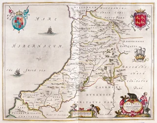 Cardiganshire, em "Theatrum Orbis Terrarum, sive Atlas Novus" de Willem Blaeu, Amesterdão