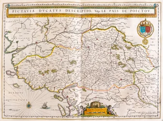 Linha costeira e cidades de Nantes e Rochelle, em "Theatrum Orbis Terrarum, sive Atlas Novus" de Willem Blaeu, Amesterdão