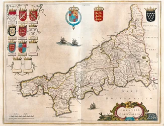 Cornualha, em "Theatrum Orbis Terrarum, sive Atlas Novus" de Willem Blaeu, Amesterdão
