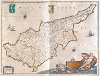Chipre, em "Theatrum Orbis Terrarum, sive Atlas Novus" de Willem Blaeu, Amesterdão